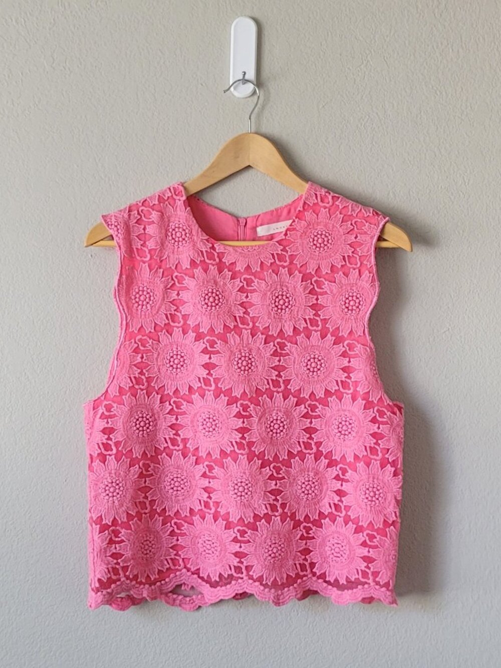 Pink Floral Lace Crop Top Sleeveless Scallop Hem Lined Tank XS/S